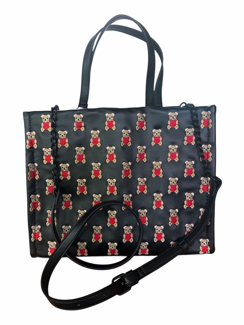 Luv Betsey Johnson Embroidered Teddy Bear Hearts Satchel Crossbody Bag Black Red - Picture 5 of 10